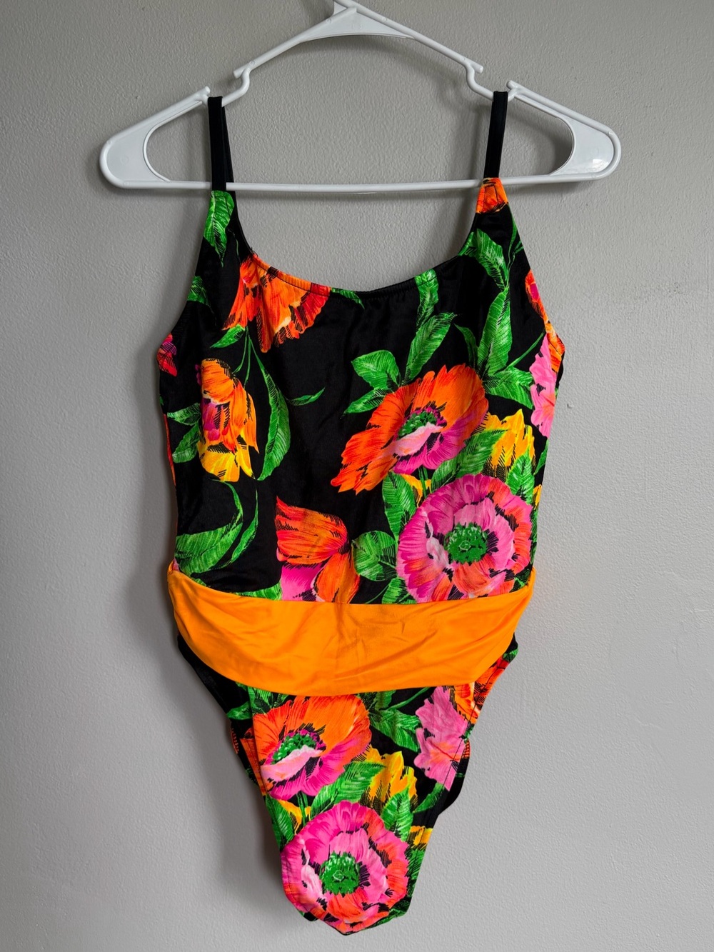 Vintage 80s One Piece Swimsuit Neon‎ Floral Black Bow Back Made in USA ILGWU S/M